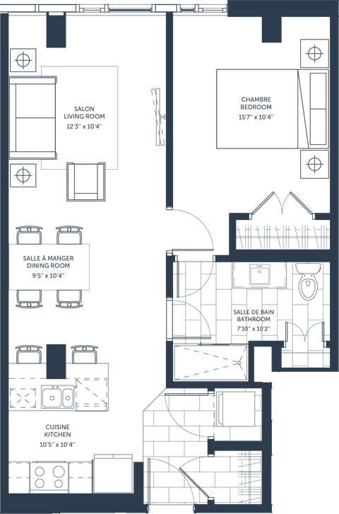 Floor plan for 1 bed, 1 bath, 1410 sqft